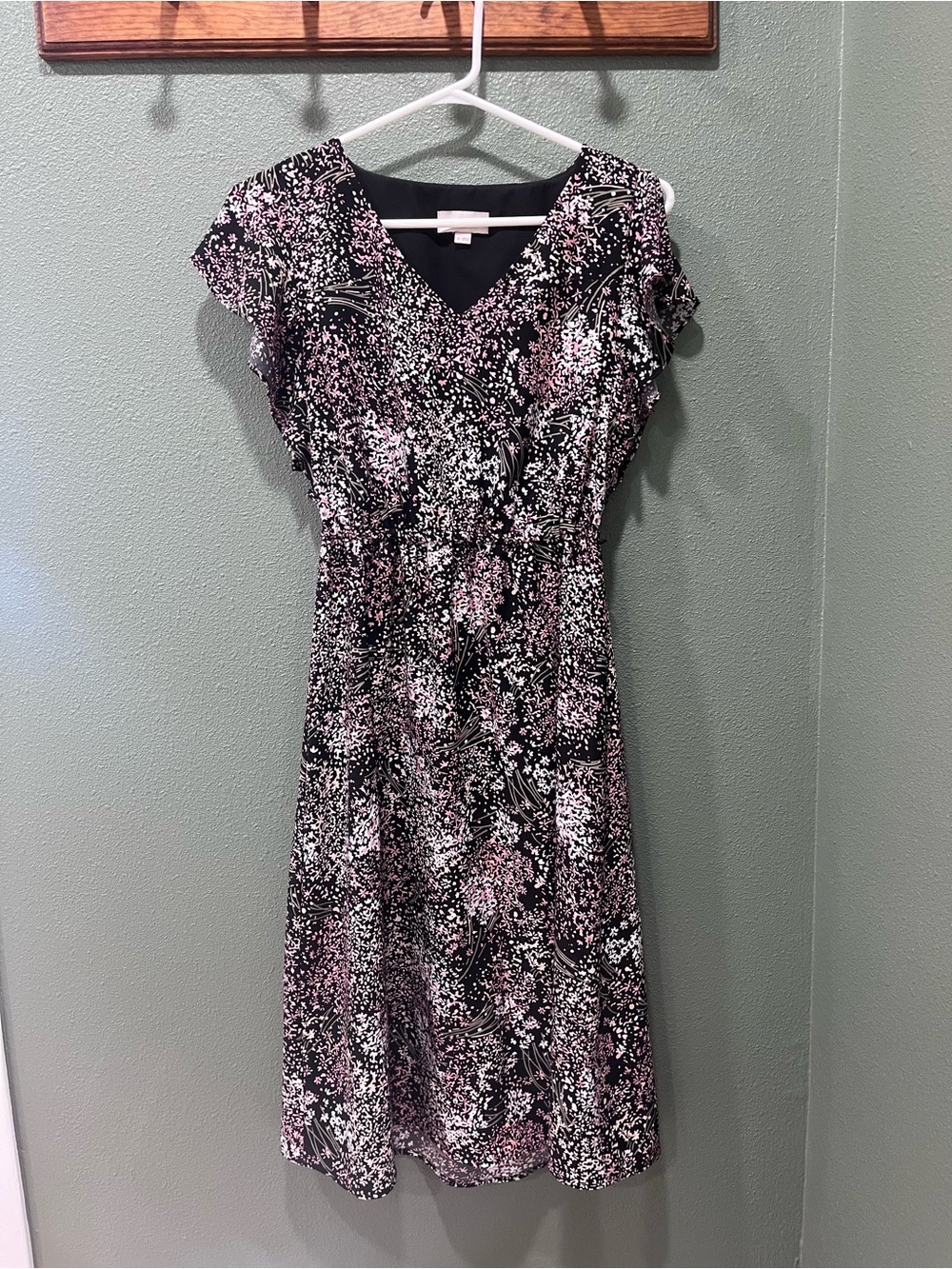 LOFT Black Midi Dress with Pink and White Floral Print